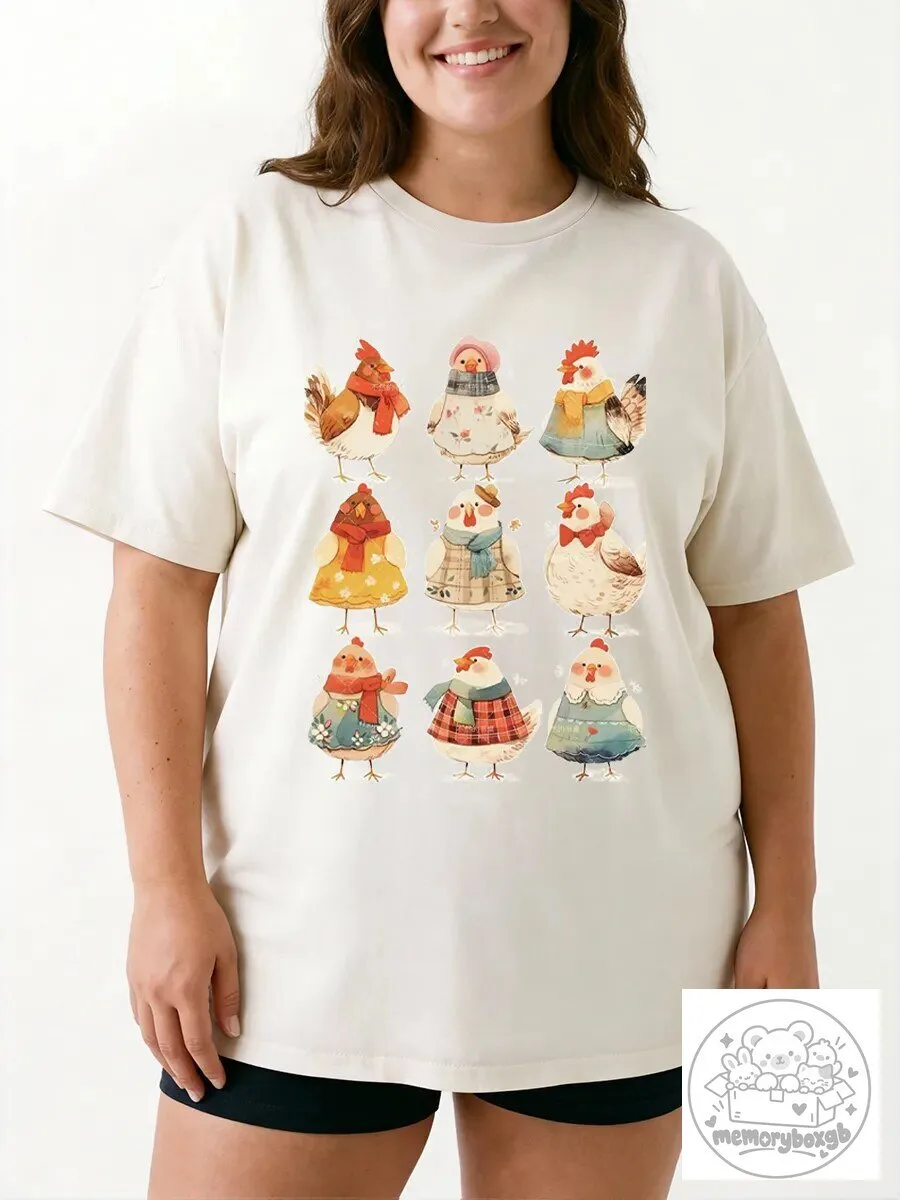 Vintage Autumn Cute Chicken Oversized Graphic T-Shirt for Women