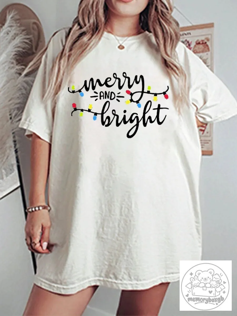 Merry and Bright Christmas Lights Oversized Graphic T-Shirt